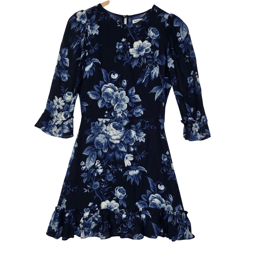 Reformation Doutzen Mini Dress Size 0 Blue Floral Ruffle Hem Romantic